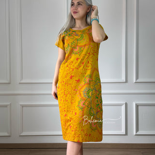 Rochie din bumbac cu mânecă scurtă și mandale - Galbenă