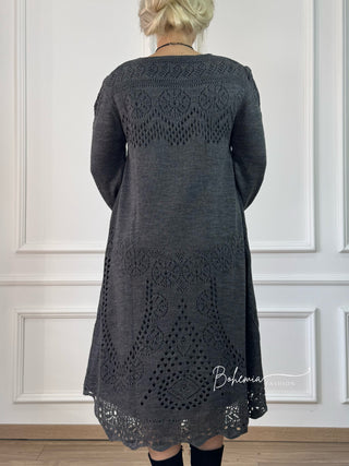 Rochie midi din amestec de lână tricotată cu mâneci ballon