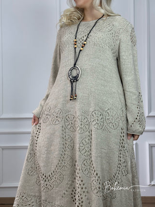 Rochie midi din amestec de lână tricotată cu mâneci ballon