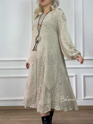 Rochie midi din amestec de lână tricotată cu mâneci ballon