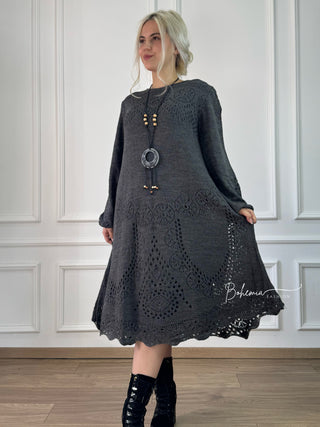 Rochie midi din amestec de lână tricotată cu mâneci ballon