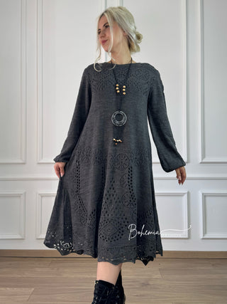 Rochie midi din amestec de lână tricotată cu mâneci ballon