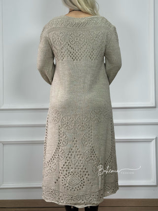 Rochie midi din amestec de lână tricotată cu mâneci ballon