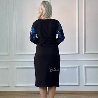 Kleid mit Dreiviertelärmeln und Blumendruck – Blau