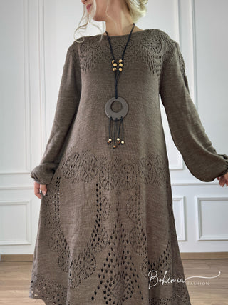 Rochie midi din amestec de lână tricotată cu mâneci ballon