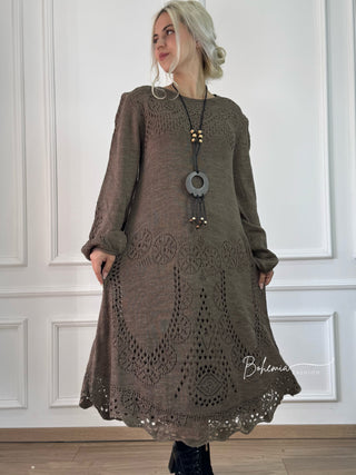 Rochie midi din amestec de lână tricotată cu mâneci ballon