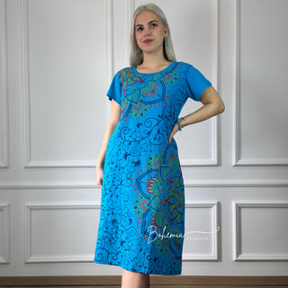 Kurzärmliges Mandala-Baumwollkleid – Blau