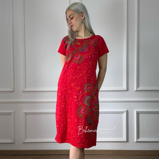 Kurzärmliges Mandala-Baumwollkleid – Rot
