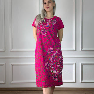 Kurzärmliges Mandala-Baumwollkleid – Rosa