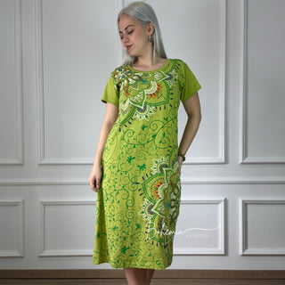 Kurzärmliges Mandala-Baumwollkleid – Grün